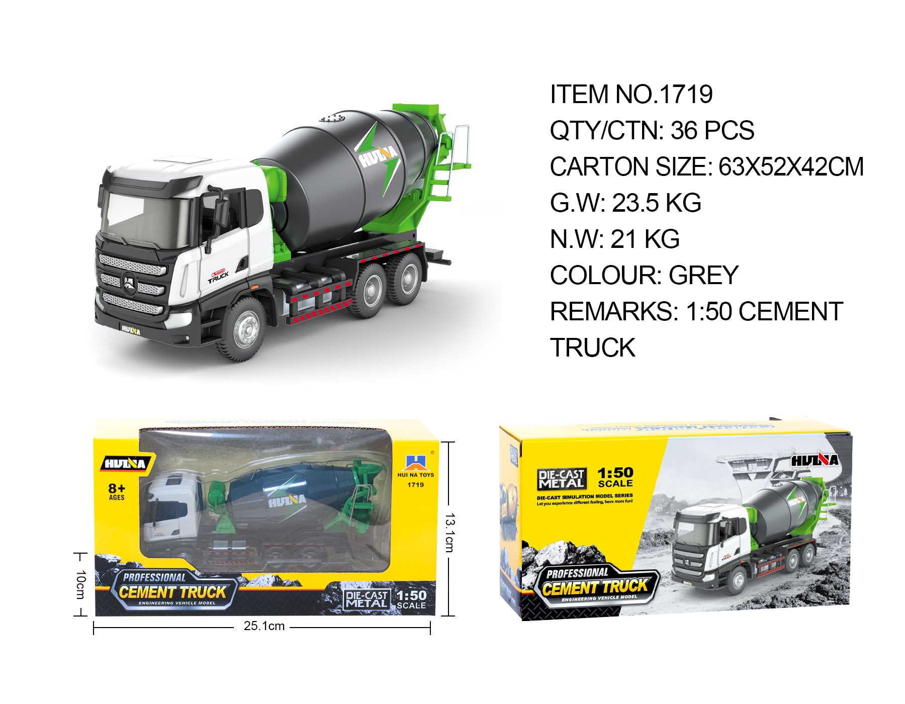 Huina 1719 1:50 Alloy Mixer Truck Static Model in grey with realistic detailing, ideal for collectors or kids' play from HugmieToys.